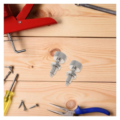 Two Pack Straight Up Heavy Duty Knurled Knobs And Indexing Plungers Quick Release Pins Spring Loaded Toolbox Locking Screws on wood surface.