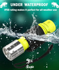 Rechargeable Underwater Dive Light With 3 Modes Beastly Bright High Lumens LED Torch shown underwater highlighting IPX8 waterproof rating.