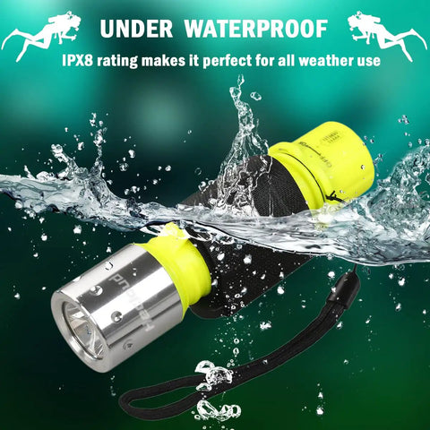 Rechargeable Underwater Dive Light With 3 Modes Beastly Bright High Lumens LED Torch shown underwater highlighting IPX8 waterproof rating.
