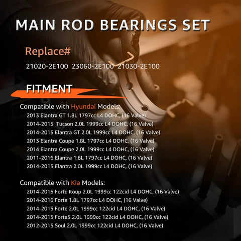 Beefed-Up Engine Main And Rod Bearing Set Replacement For Hyundai And Kia 2011-2016 models, compatibility list displayed
