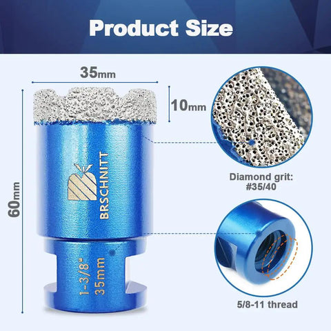 One And Three Eighths Inch Diamond Core Drill Bit For Dry Drilling Through Porcelain Tile Ceramic Marble Granite With Vacuum Brazed Diamond Hole Saw Pro Grade Heavy Duty For Tough Jobs Five Eighths By Eleven Thread 35mm close-up