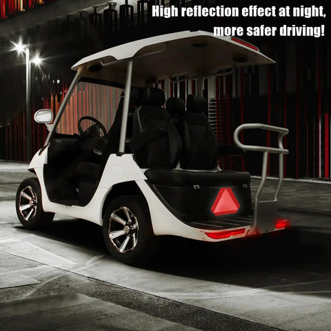 Slow Moving Vehicle Sign 2 Pack 7x8 Diamond Grade Reflective Safety Sticker For Golf Carts Red Decal SMV Sign And Car Safety Decal Easy Peel Vinyl For High Visibility On Roads And Parking Areas installed on golf cart.