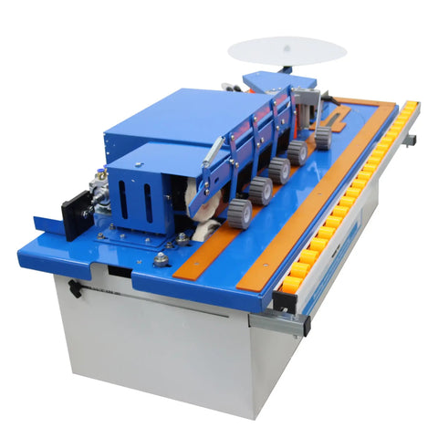 Grab This Badass Automatic Woodworking Edge Bander Countertop Edge Banding Machine For Curved And Straight Pieces With Digital Control Panel And Adjustable Speed Heavy Duty Shop Essential showing blue panel and rollers.