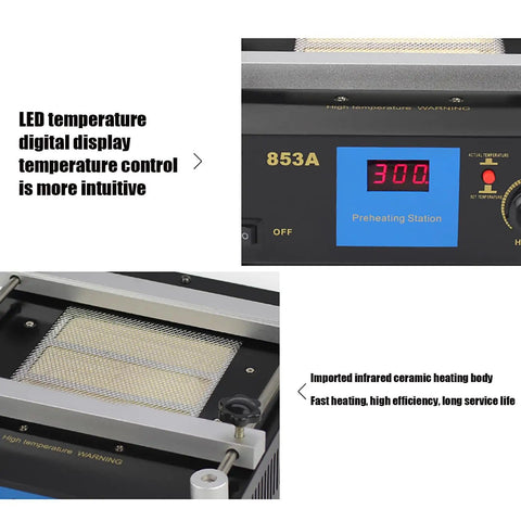 LED display on Pro Grade Digital Preheat Soldering Station With Hot Plate And High Power Preheating Hot Air Gun For PCB Desoldering, 853A