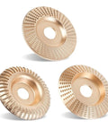 Three Pack Woodworking Carving Wheels With 22mm Bore Abrasive Sanding Discs shown from different angles for wood shaping