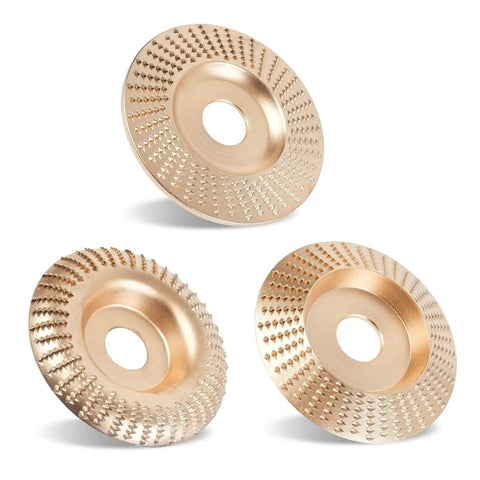Three Pack Woodworking Carving Wheels With 22mm Bore Abrasive Sanding Discs shown from different angles for wood shaping