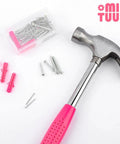 Hammer with pink handle, nails, screws, and wall plugs on white background next to small nail storage box.