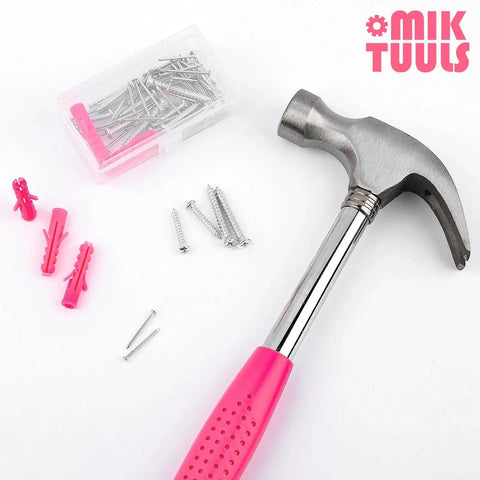 Hammer with pink handle, nails, screws, and wall plugs on white background next to small nail storage box.