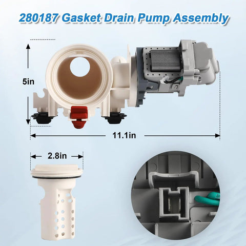 No Fuss Front Load Washer Drain Pump Filter Assembly Replacing Part 280187 And 8181684, 11.1in gasket assembly with 5in inlet.