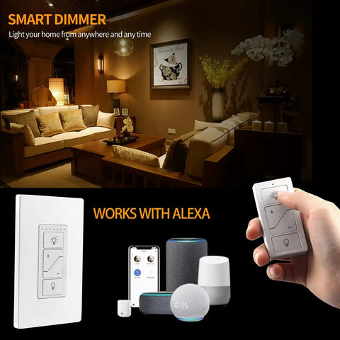 Slick Smart Dimmer Switch With Wireless Remote Control, Single Pole Wall Light Controller with Alexa integration and remote.
