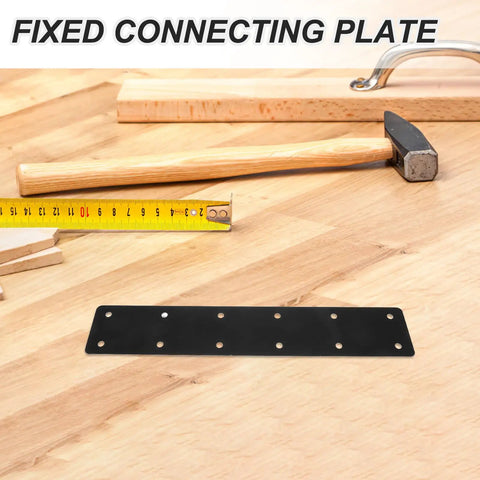 Heavy Duty Stainless Steel Flat Brace Bracket Set on wood table with tools, ideal for furniture corners and shelf reinforcement.