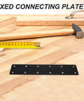 Heavy Duty 4 Pack Stainless Steel Flat Mending Plates for Shelf Support and Wood Furniture Fixes on wooden table with tools