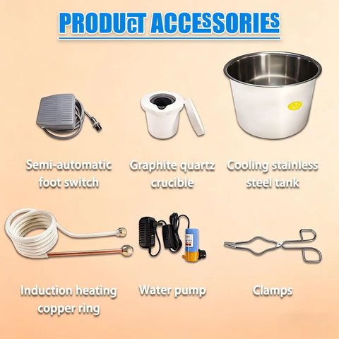 High Frequency Induction Heater 6000W Flameless Metal Melting Furnace accessories including foot switch, crucible, tank, and clamps.