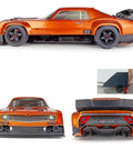 RC Light Strips Kit For 1/7 Scale Muscle Cars And Crawler RCs, front view and side detail of orange RC car with lighting kit