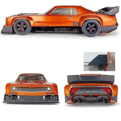 RC Light Strips Kit For 1/7 Scale Muscle Cars And Crawler RCs, front view and side detail of orange RC car with lighting kit