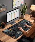 Mystical Gothic Library XXL Mouse Pad 31.5x15.7 Inches, Vintage Book Theme Desk Mat with woman using computer at desk