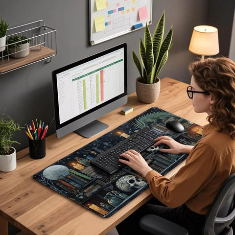 Mystical Gothic Library XXL Mouse Pad 31.5x15.7 Inches, Vintage Book Theme Desk Mat with woman using computer at desk