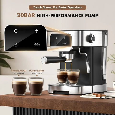 Compact Stainless Steel Espresso Machine With 20 Bar Pump And Built In Milk Frother For Creating Legit Barista Quality Lattes And Cappuccinos Right In Your Kitchen Using A Sleek Touch Display Black Edition showing touch screen controls and brewing espresso.