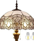 Classic Tiffany Style Crystal Bead Floor Lamp With White Stained Glass Shade, focus on shade design and pull chain features.