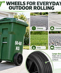 Haul Heavy Bins Like A Boss Without Breaking A Sweat Using This Tough Trash Wheel Replacement Kit Featuring Seven Inch Rubber Garbage Tires 18.8 Hollow Shaft And Quick Axle Swap For Smooth Outdoor Cart Mobility, showcasing a green trash bin with 7-inch wheels.