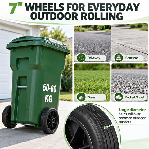 Haul Heavy Bins Like A Boss Without Breaking A Sweat Using This Tough Trash Wheel Replacement Kit Featuring Seven Inch Rubber Garbage Tires 18.8 Hollow Shaft And Quick Axle Swap For Smooth Outdoor Cart Mobility, showcasing a green trash bin with 7-inch wheels.