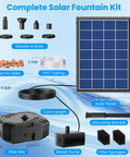 Complete kit of 4W Solar Fountain Pump with Pond Filter Kit, 5 Nozzles And PVC Tubing, shown with components labeled.