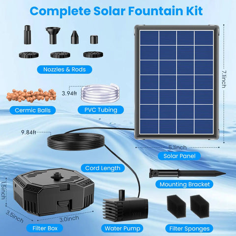 Complete kit of 4W Solar Fountain Pump with Pond Filter Kit, 5 Nozzles And PVC Tubing, shown with components labeled.