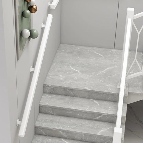Rugged White Solid Wood Guardrail Loaded With Beefy Steel Brackets For Indoor Attic Or Stairway Safety Barrier Built Like A Tank Non Slip Grip Kid Approved Home Defense Six Point Six Feet Long on stairway.