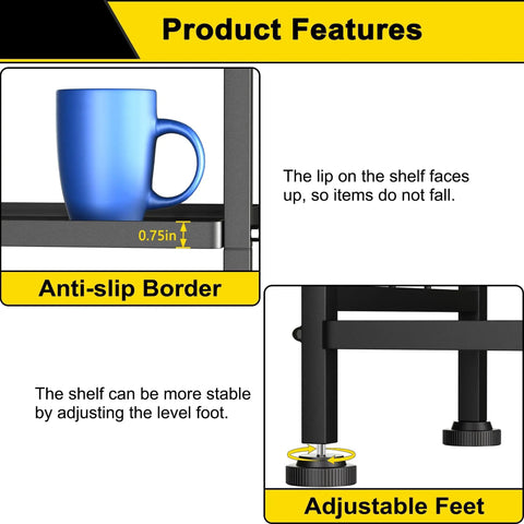 Product features of the Six Wire Standing Storage Shelf For Bathroom And Laundry Room, with anti-slip border and adjustable feet.