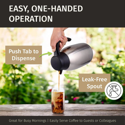 One-handed use of Thermal Coffee Carafe 68 Ounce 2 Liter Insulated Stainless Steel Beverage Dispenser, pouring coffee outdoors