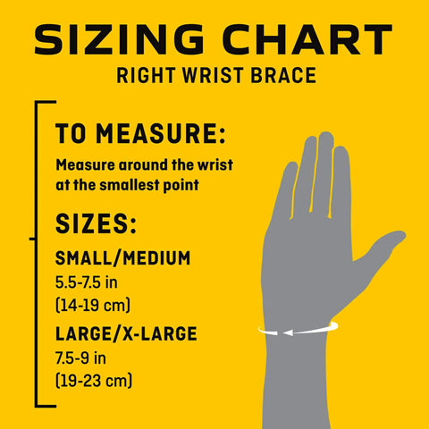 Sizing chart for Deluxe Wrist Stabilizer For Right Hand, Adjustable Straps, Breathable All Day Comfort, Palm Support, Small to Medium.