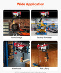Wide application of Electric Hoist 1320 Lb Capacity 120V Winch in garage, factory, warehouse, and attic settings.