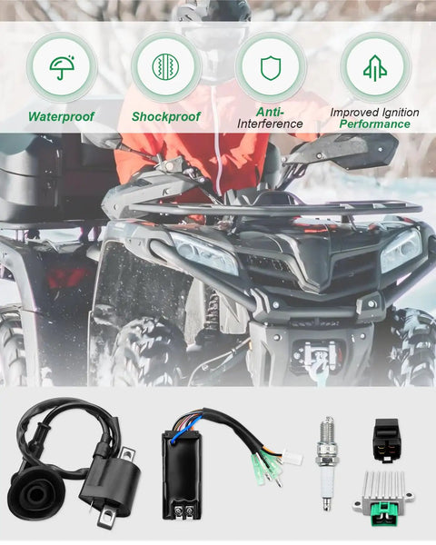 CDI Box Ignition Coil Kit For Sportsman 90 Predator 50 90 ATV with voltage regulator, spark plug, starter relay solenoid shown.