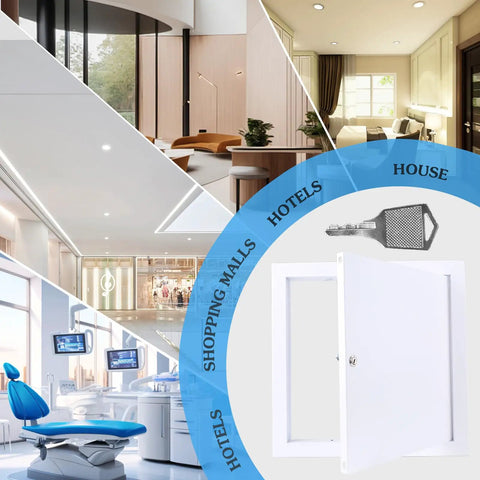 Heavy Duty 12x12 White Drywall Access Panel With Key Lock showcased in various indoor settings, ideal for plumbing and wall access.