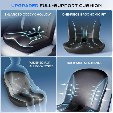 Premium Memory Foam Car Seat Cushion With Napa Leather ergonomic full-support design, enlarged coccyx hollow, and back-side stabilizing features.
