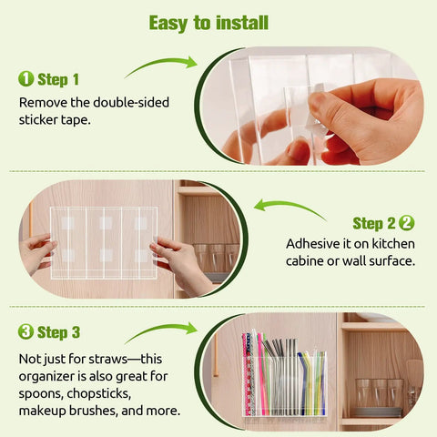 Adhesive Cabinet Door Mount Acrylic Straw Holder With Six Jumbo Compartments That Totally Eliminates Countertop Junk And Keeps Every Favorite Reusable Tumbler Straw Super Clutch For On The Go Sipping step-by-step installation guide images.