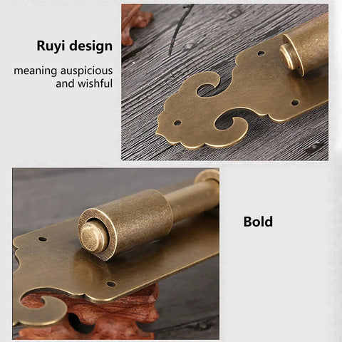 Real Deal Solid Brass Slide Door Bolt Lock With Tight Concealed Screw Surface Mount Setup For Master Bedroom Bathroom Gate Cabinet Heavy Duty Security Privacy Latch with Ruyi design and bold finish.
