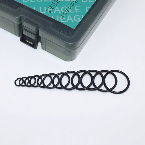 Hydraulic O Ring Kit For ORB Fittings, 270 Piece Set With 12 Common SAE 900 Series Buna N 90 Durometer O Rings displayed next to case.