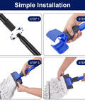 Badass Heavy Duty Commercial Mop Handle 57.5 Inch Extended Pole installation steps showing the upgraded jaw clamp setup.