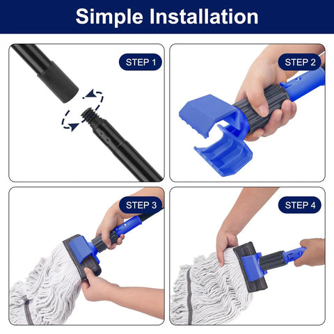 Badass Heavy Duty Commercial Mop Handle 57.5 Inch Extended Pole installation steps showing the upgraded jaw clamp setup.