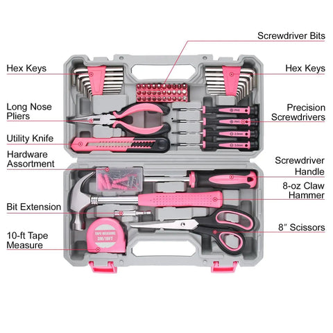 Pink 150 Piece All Purpose Tool Kit In Tool Box Storage Case For DIY Home Repairs And Projects Perfect For Garage Office Dorm And College Use Women Ladies And Girls showcasing tools inside case