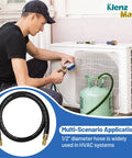 Technician using Pro Grade 5 Foot 1/2 Inch HVAC Vacuum Hose With 3/8 To 3/8 Female Flare Fittings For High Flow Refrigerant Evacuation And Recovery, 20 Microns Vacuum, 600 PSI, Black