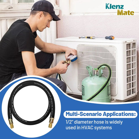 Technician using Pro Grade 5 Foot 1/2 Inch HVAC Vacuum Hose With 3/8 To 3/8 Female Flare Fittings For High Flow Refrigerant Evacuation And Recovery, 20 Microns Vacuum, 600 PSI, Black