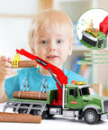 Child playing with Big Tow Truck With Crane For Kids Ages 4 To 12 Logging Truck With Music And Lights, showing crane action.