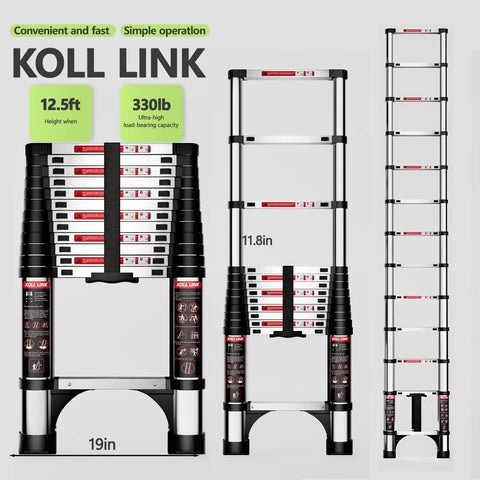 12.5 Ft Telescoping Aluminum Ladder With Dual Triangle Stabilizers, Lightweight Extension Ladder, Heavy Duty 330 Lb Capacity, Beats Wobble Like a Pro From 30 To 10 Degrees, Ideal For Home, Garage, And Roof Access, folded and extended views