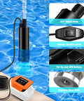 Dead Simple Cordless Submersible Water Pump For DeWalt 20V And 60V Battery in water with hose and battery connections.