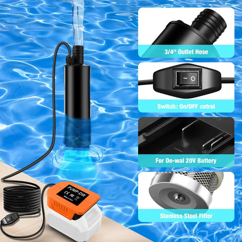 Dead Simple Cordless Submersible Water Pump For DeWalt 20V And 60V Battery in water with hose and battery connections.