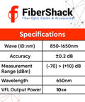 Front view: FiberShack optical power meter & 10km fiber tester kit specs: 850–1650 nm, ±0.2 dB, -70 to +10 dB, 650 nm, VFL 10 km