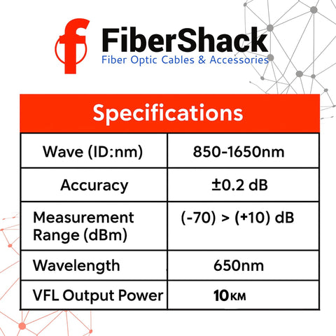 Front view: FiberShack optical power meter & 10km fiber tester kit specs: 850–1650 nm, ±0.2 dB, -70 to +10 dB, 650 nm, VFL 10 km