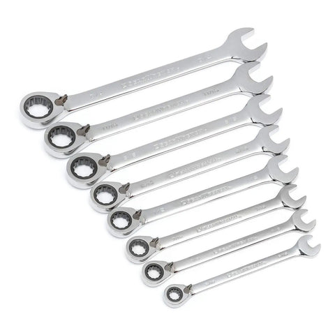 8 Piece 72 Tooth 12 Point Reversible Ratcheting Wrench Set In SAE With 15 Degree Offset Pro Grade Surface Drive Box End Fully Polished